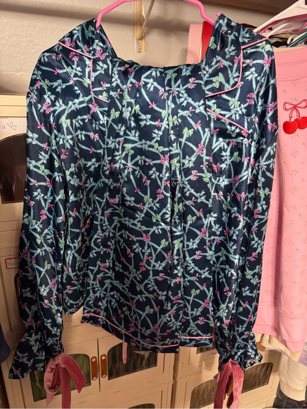 Simply Southern Navy Satin Floral Ribbon-Tie Blouse with matching pants